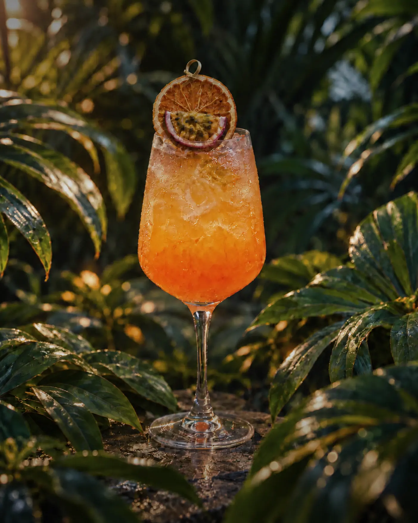 Orange passionfruit spritz with fresh passionfruit and charred citrus among jungle leaves