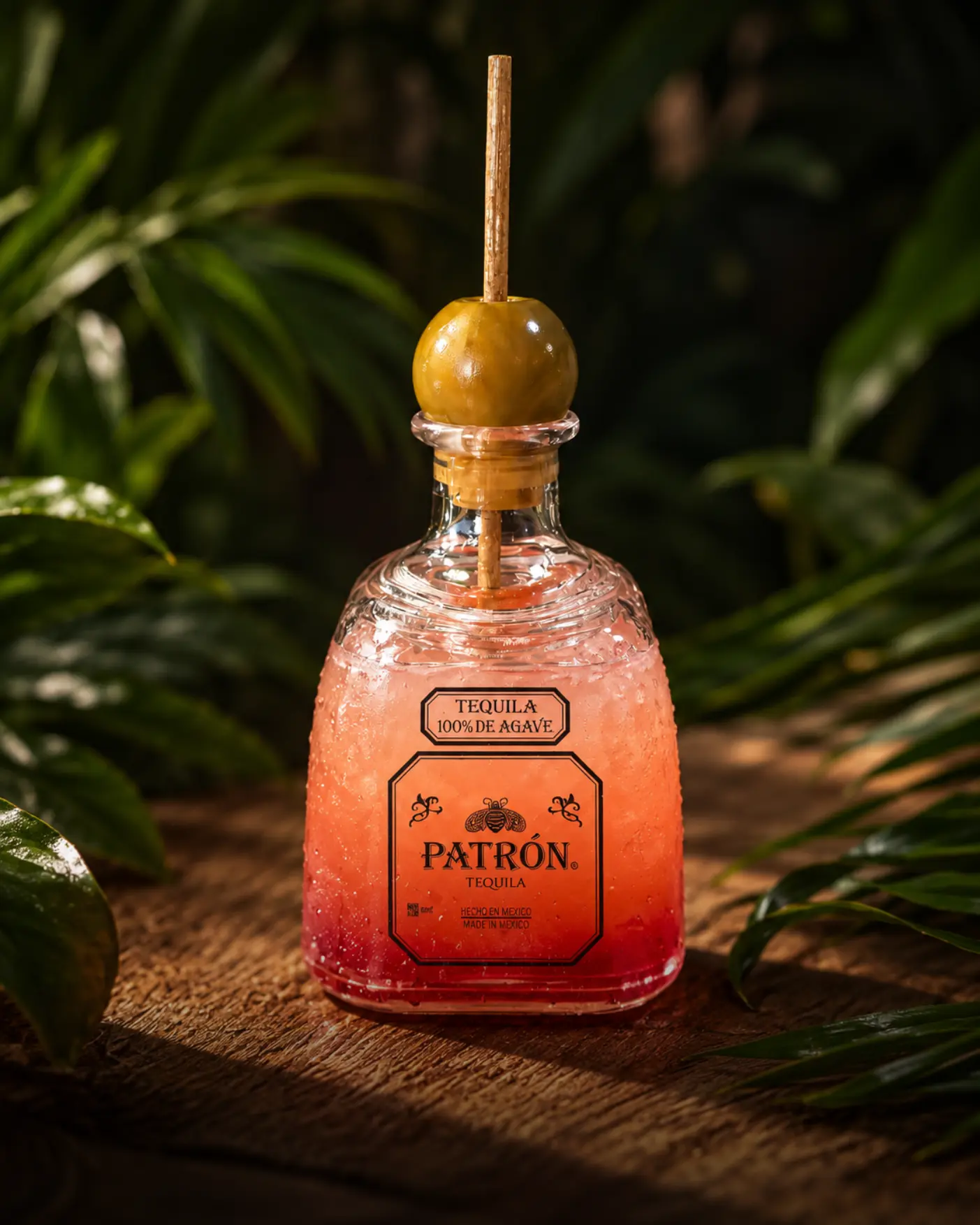 Pink grapefruit cocktail served in a small glass bottle with a straw