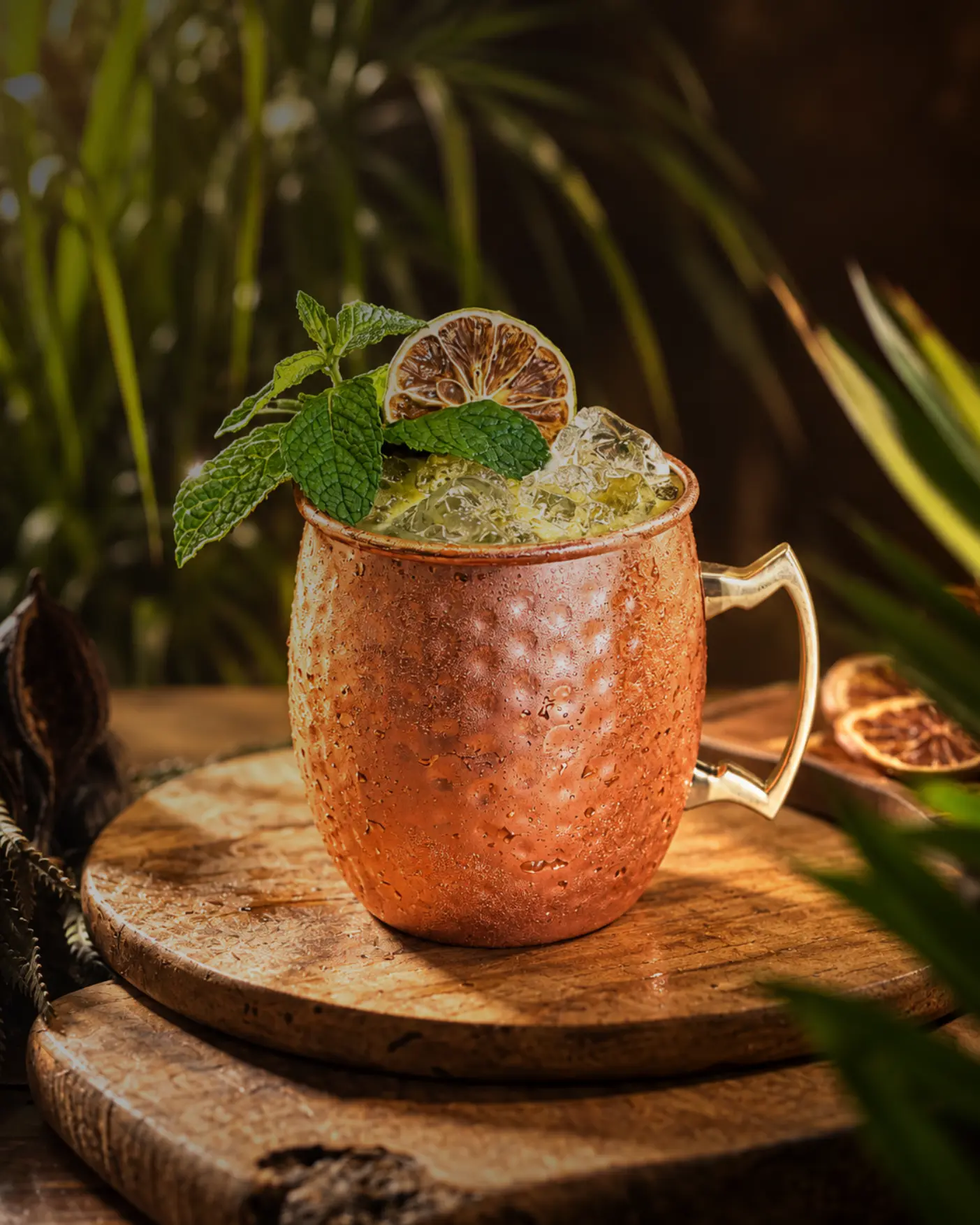 Frosted copper mug with crushed ice, fresh mint and charred lime