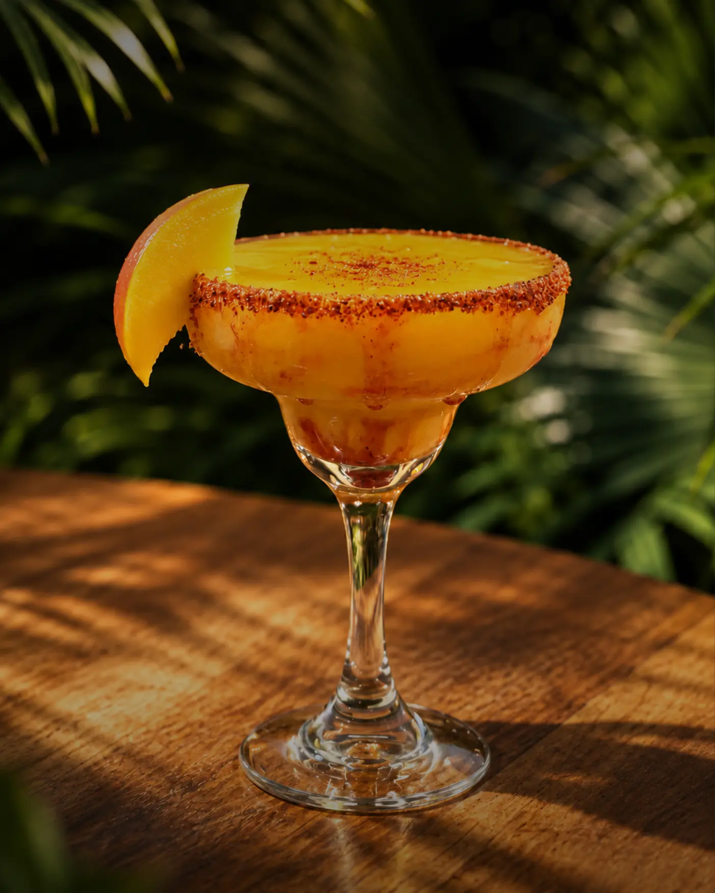 Frozen mango cocktail with a chili rim and mango wedge on a wooden table