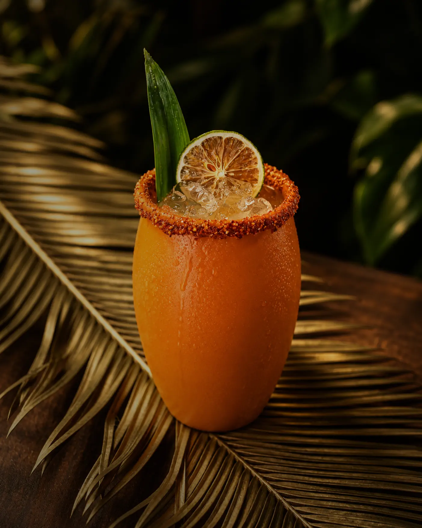 Orange cocktail with a chili-salt rim, charred lime wheel and palm leaf over crushed ice