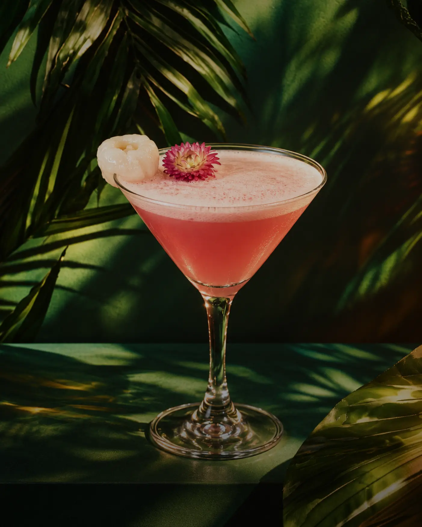 Pink lychee martini with an edible flower against palm leaves