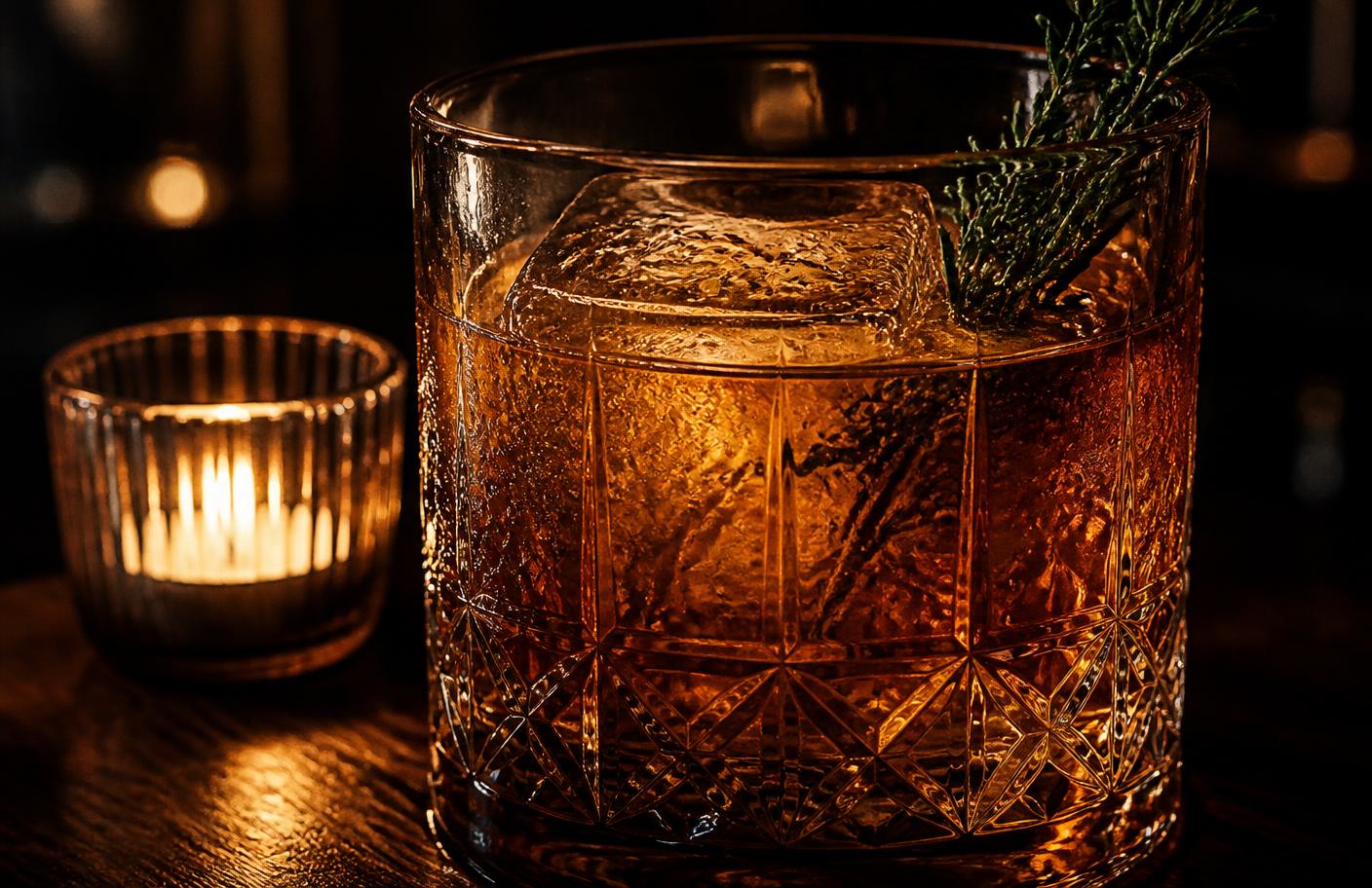 Amber cocktail beside a candle on a dark bar