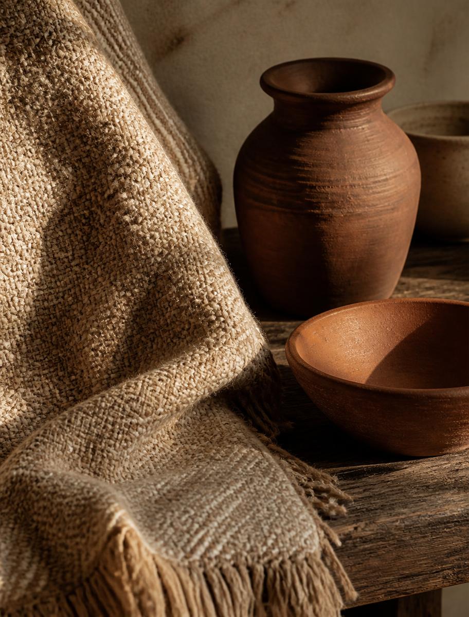 Handwoven natural fibre textile beside terracotta vessels on a wooden table