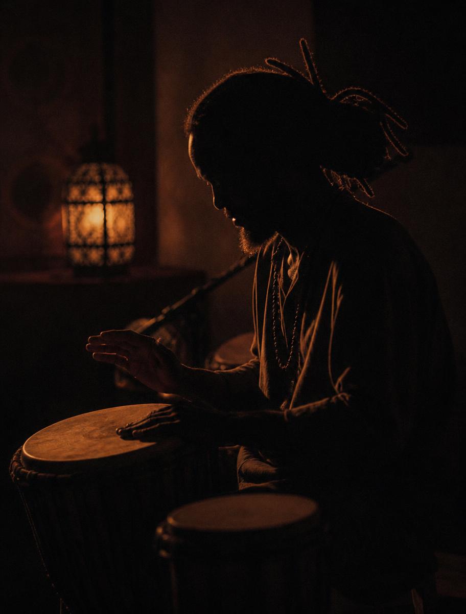 Percussionist playing hand drums in warm amber lantern light