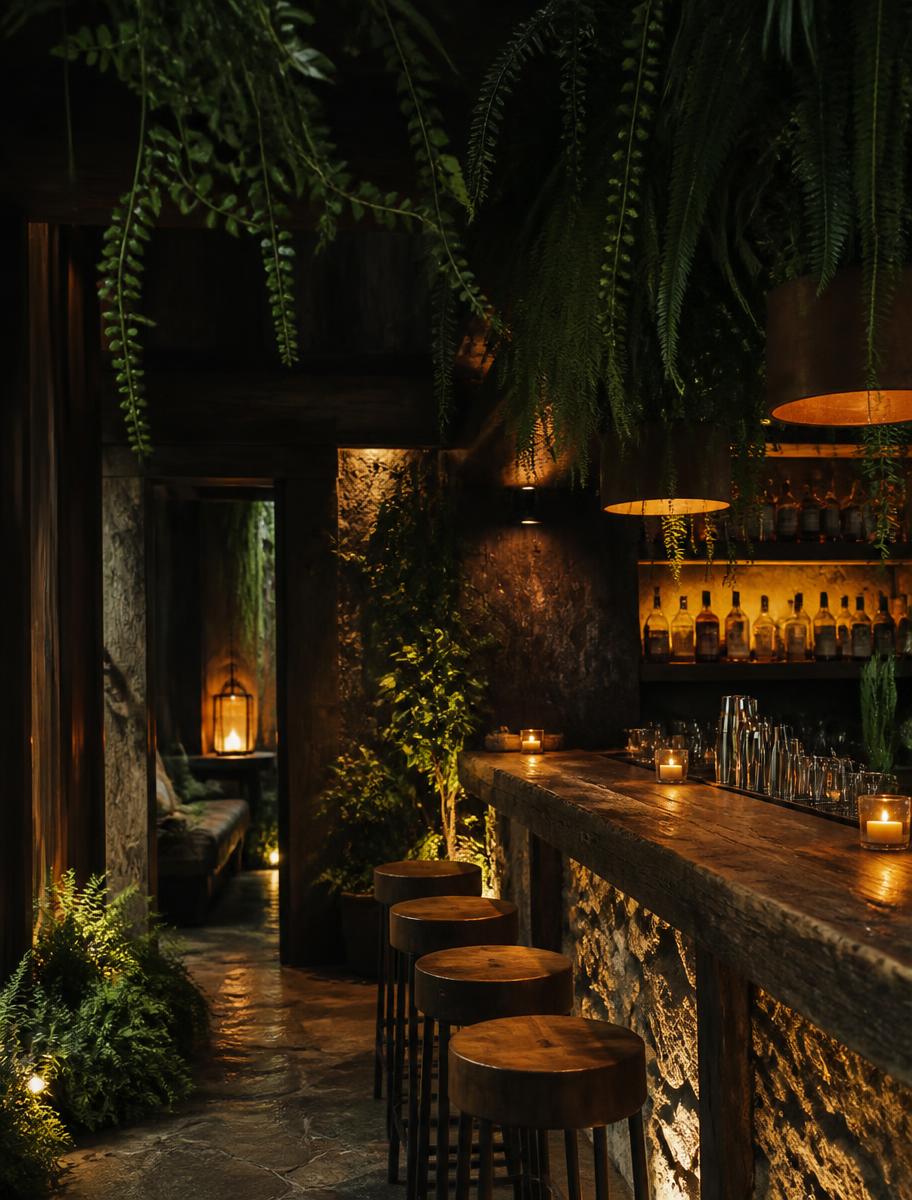 Candlelit bar counter of raw wood and stone surrounded by hanging ferns