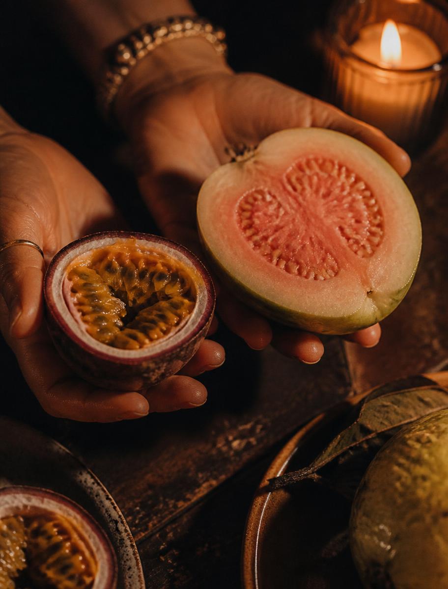 Hands holding halved passionfruit and guava beside a candle