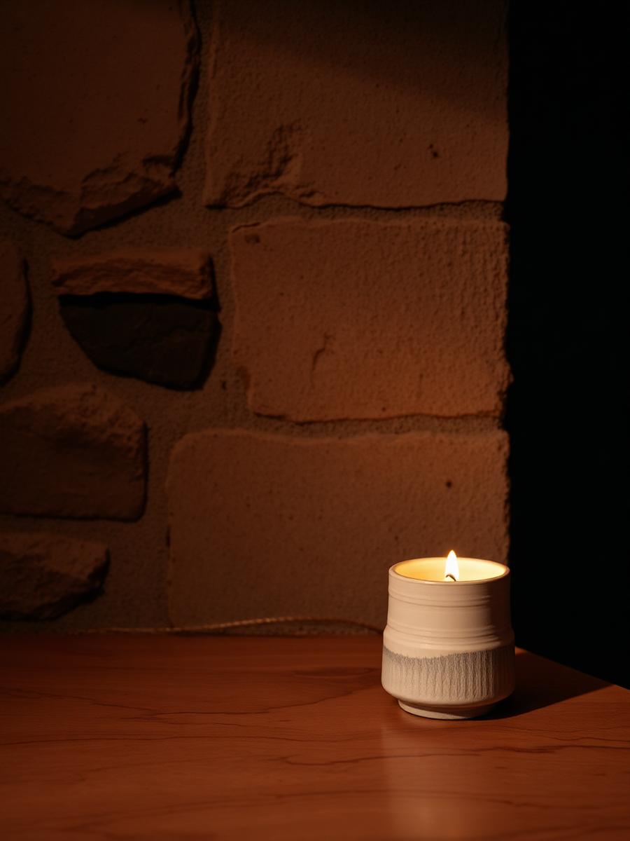 Ceramic candle holder against a rough stone wall