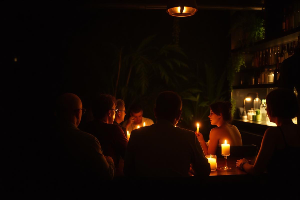Guests at a candlelit table in a dark plant-filled bar