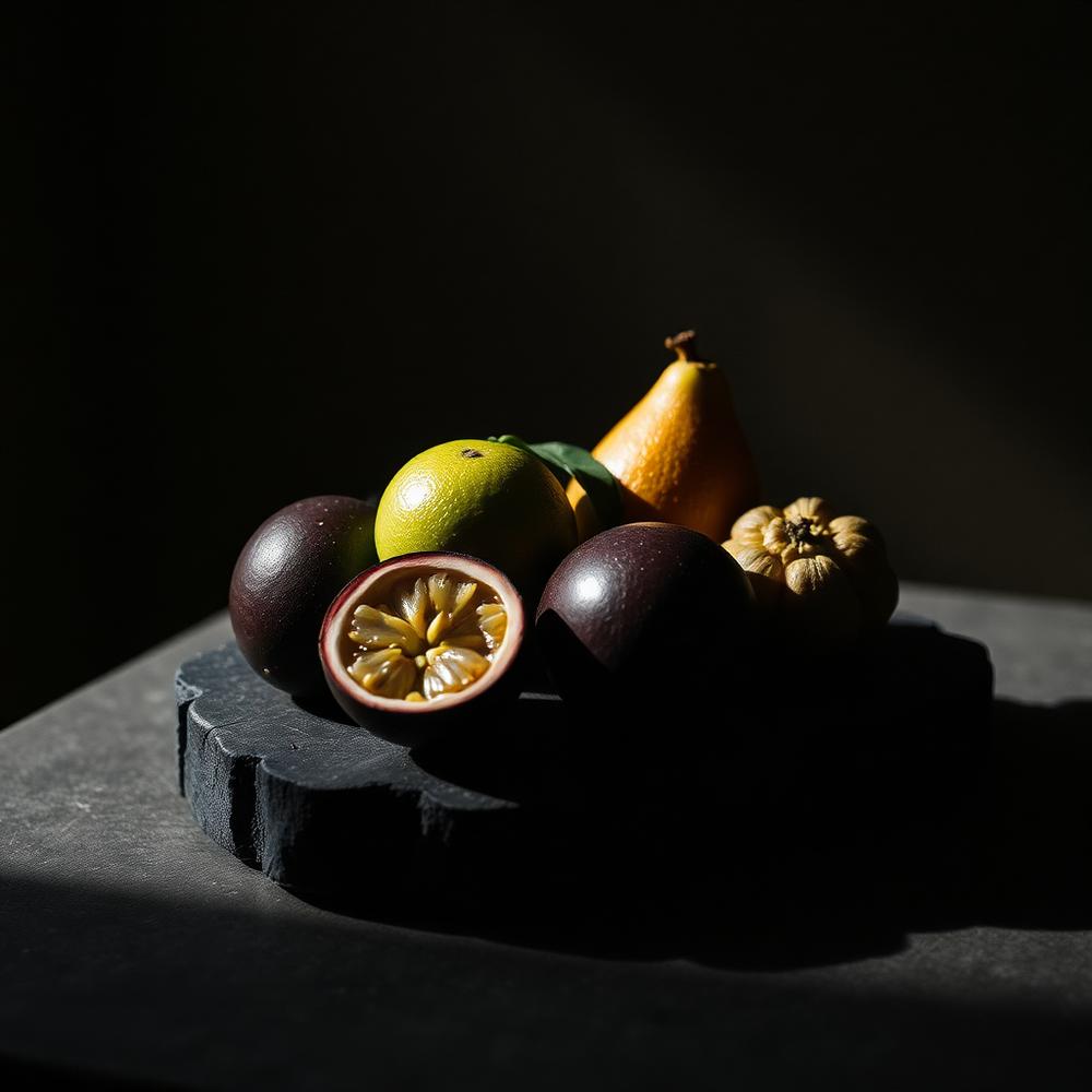 Tropical fruit arranged on a dark stone slab