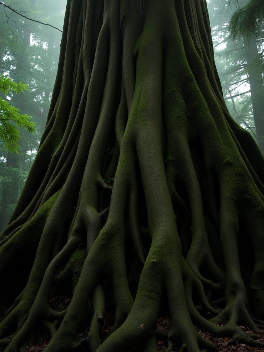 Enormous moss-covered tree roots in a misty rainforest