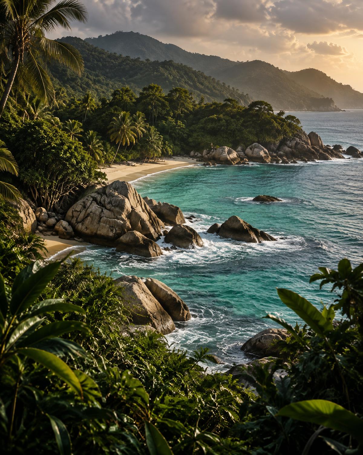 Caribbean sea at dusk against a dark rocky coastline